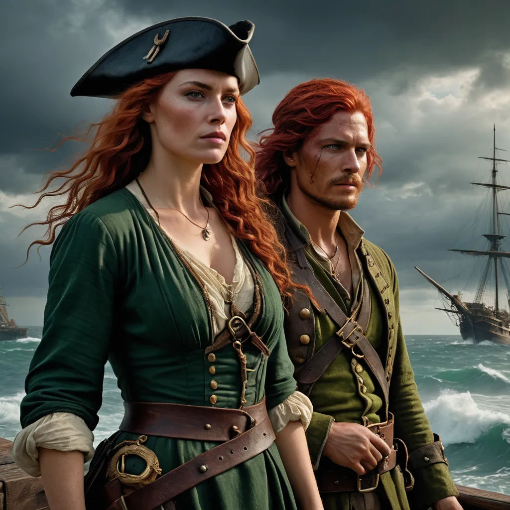 a man and a woman dressed in pirate costumes standing on a pier near the ocean with a ship in the background, international gothic, a detailed matte painting, David Macaulay, promotional image