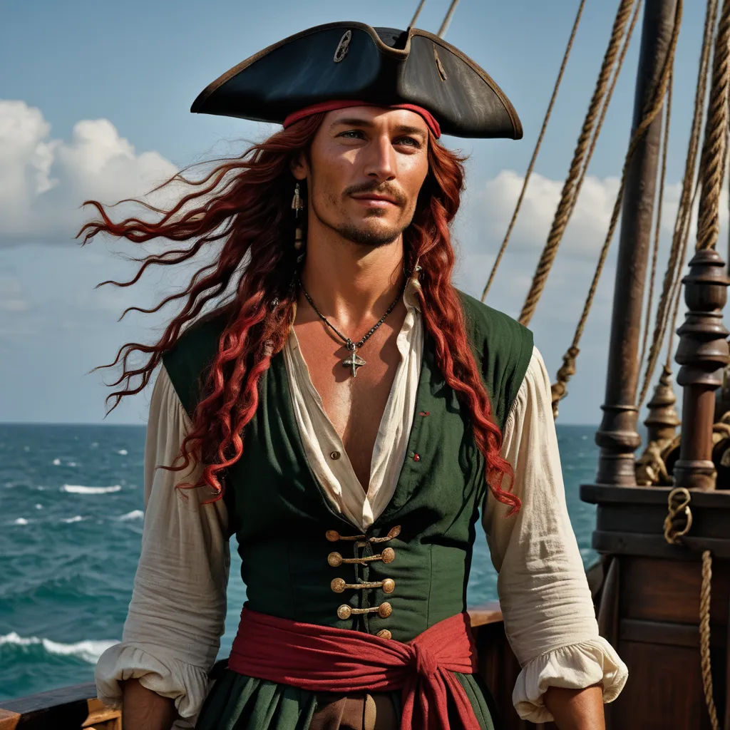 a man with long red hair wearing a pirate costume on a ship in the ocean with a cross - legged beard, rasquache, a character portrait, Derek Chittock, promotional image