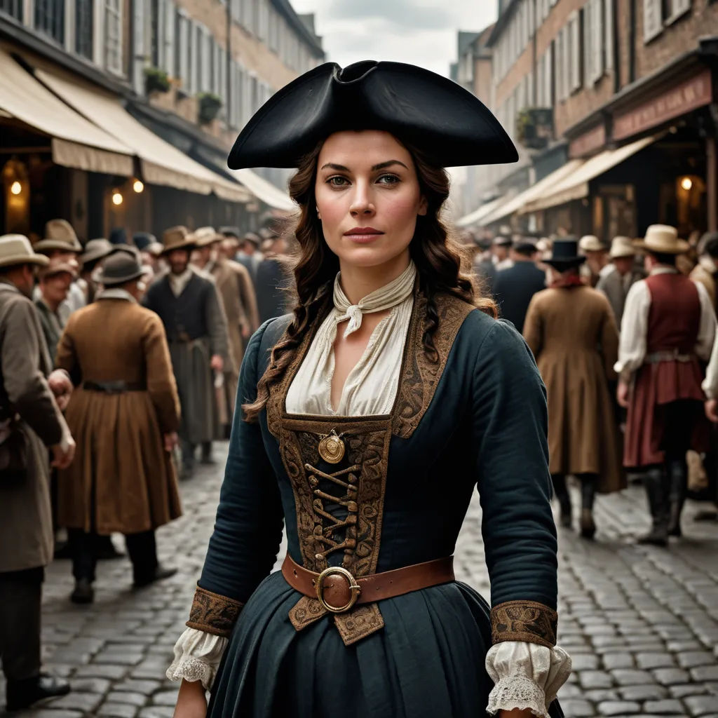a woman in a dress and hat standing on a street with people in the background and a crowd of people walking around, renaissance, a character portrait, Amalia Lindegren, promotional image