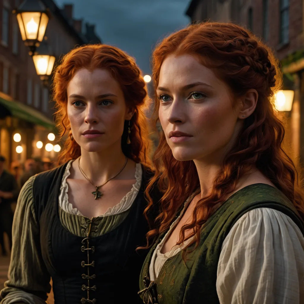 two women in renaissance dress standing next to each other in a street at night with street lights in the background, antipodeans, a flemish Baroque, Anne Said, promotional image