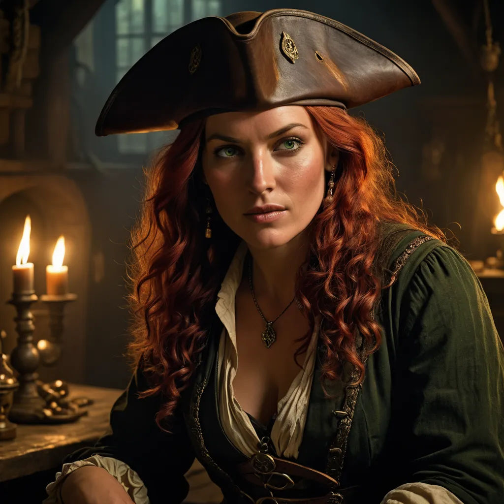a woman in a pirate costume sitting at a table with candles in the background and a candle lit room behind her, renaissance, a character portrait, Anna Maria Barbara Abesch, promotional image