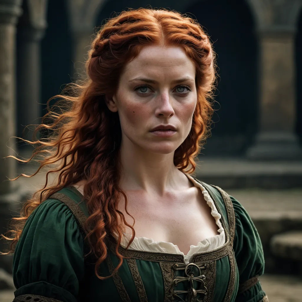 a woman with red hair and a green dress is looking at the camera with a serious look on her face, pre-raphaelitism, a character portrait, Anna Maria Barbara Abesch, promotional image