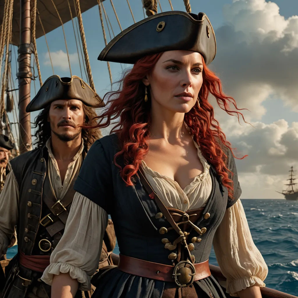 a woman in a pirate costume standing next to a man in a pirate costume on a boat in the ocean, renaissance, a detailed matte painting, Andrew Robertson, promotional image