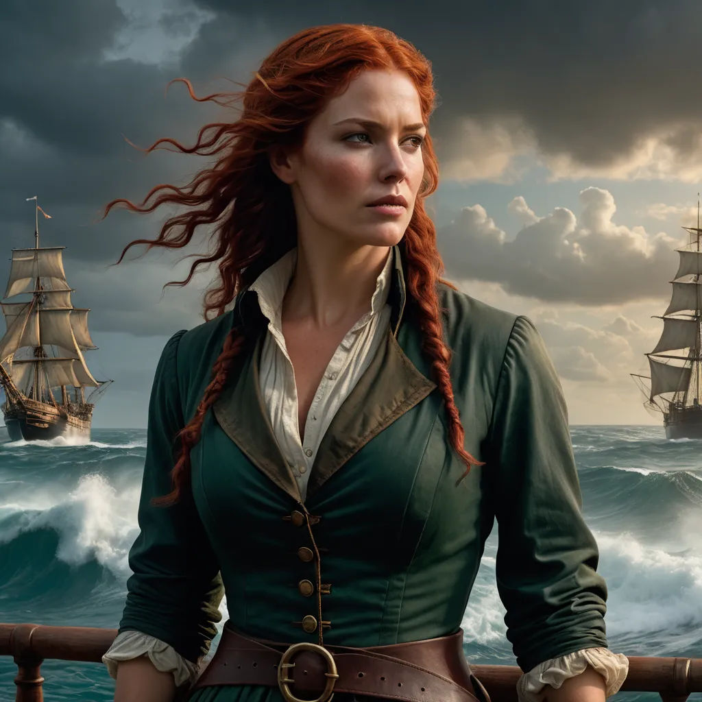 a woman with red hair standing on a boat in the ocean with a ship in the background and a ship in the water, fantasy art, a character portrait, Anna Maria Barbara Abesch, promotional image
