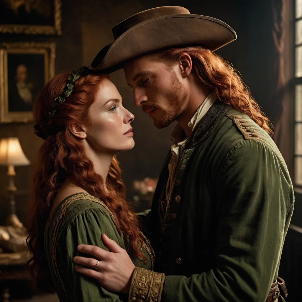 a man and a woman dressed in period costumes embracing each other in a room with a painting on the wall, neo-romanticism, a poster, Colin Middleton, promotional image