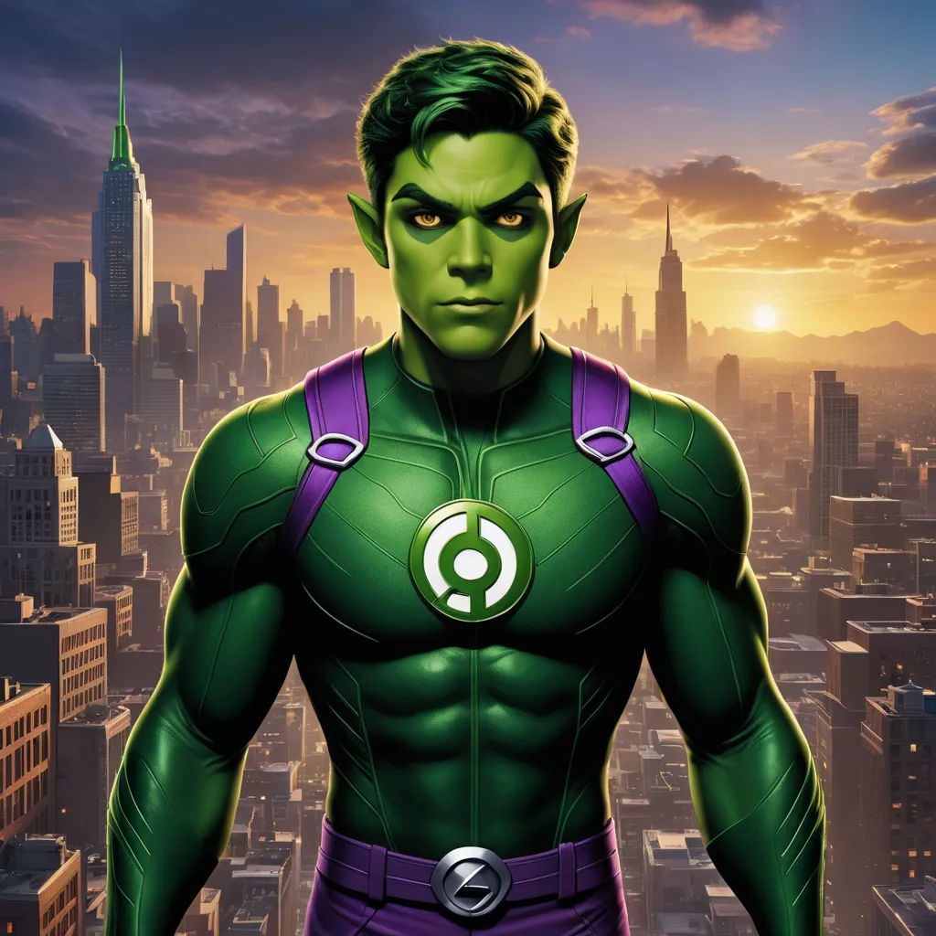 a man in a green suit standing in front of a city skyline with a green lantern on his chest, photorealism, a character portrait, Eddie Mendoza, green