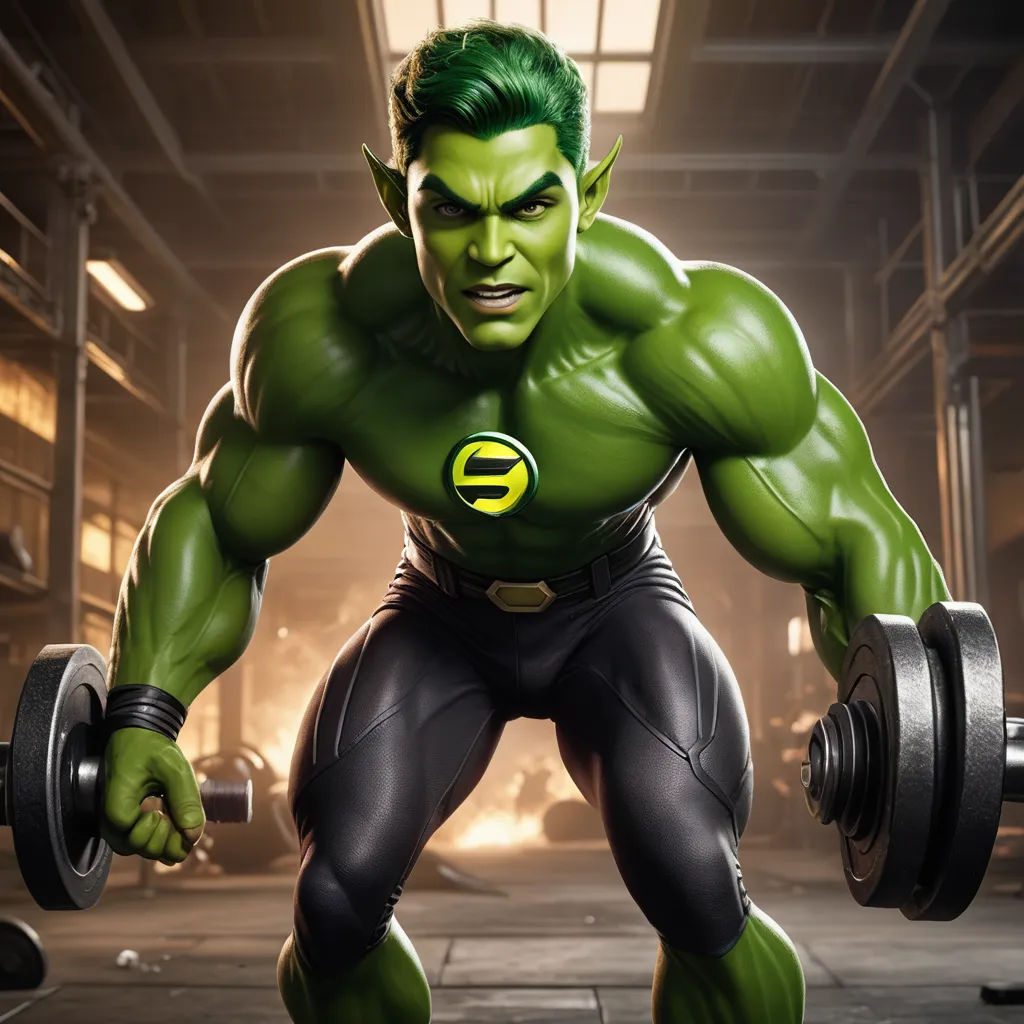 a man in a green suit holding a barbell in a gym area with a green and black suit, shock art, concept art, Eddie Mendoza, arnold render
