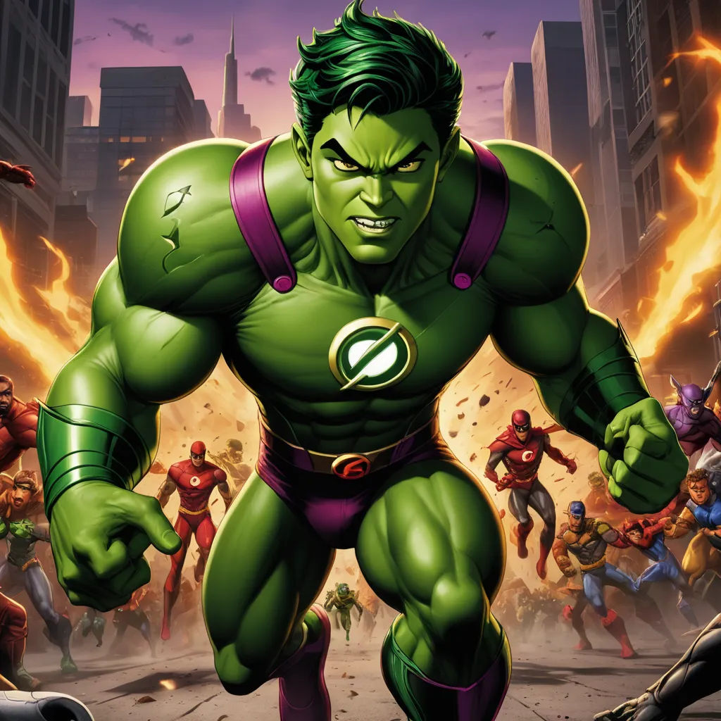 a cartoon of a hulk with many other characters in the background and a city skyline in the background with a lightning, fantastic realism, a comic book panel, Anthony Palumbo, green