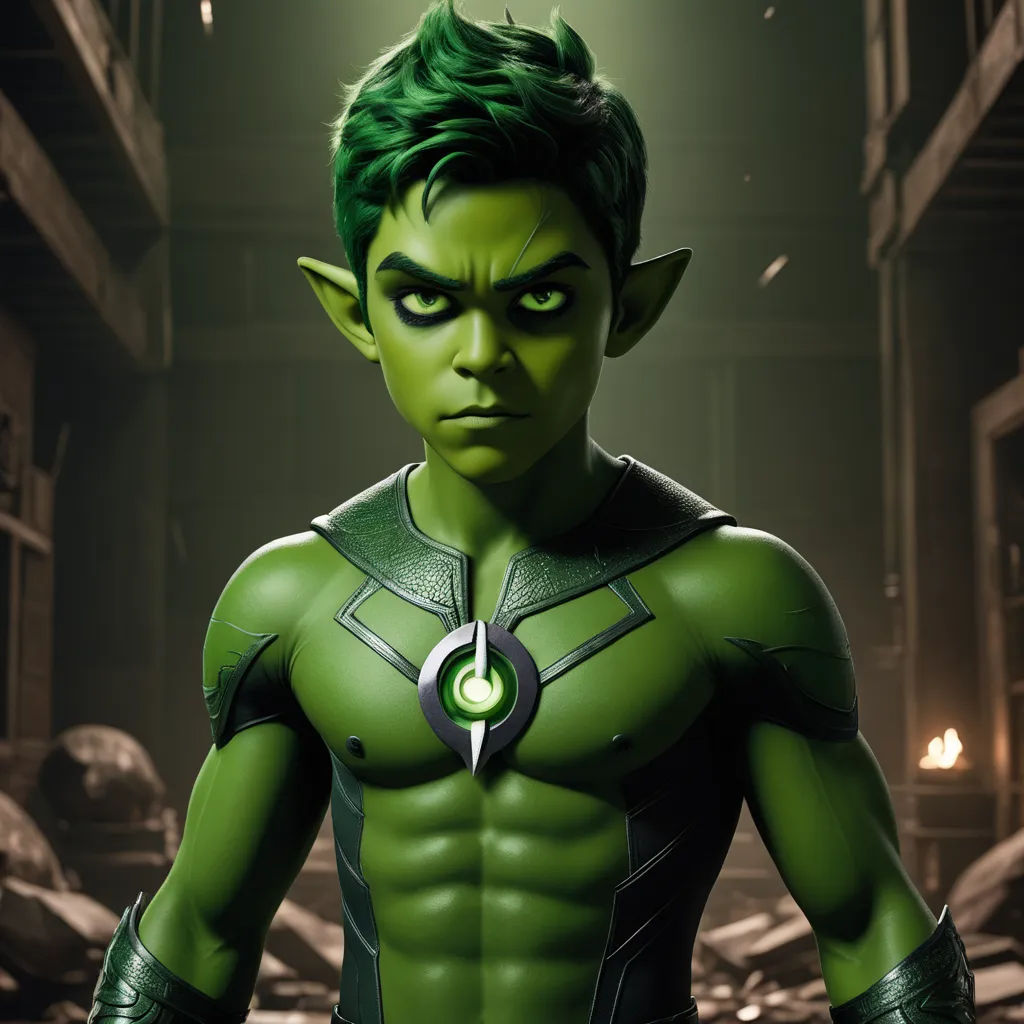 a man with green hair and a green mask on in a dark room with a green light on his chest, photorealism, concept art, Everett Warner, unreal engine 5 quality render