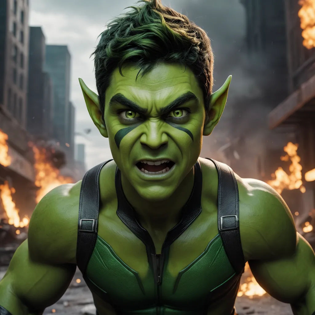 a man in a green costume with a green hair and green eyes and a green nose and chest with flames in the background, photorealism, a comic book panel, Eddie Mendoza, vfx