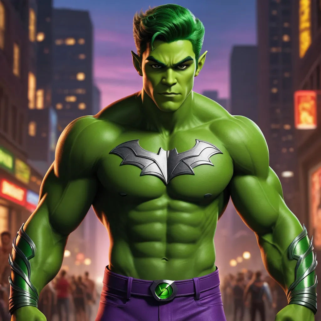 a man in a green suit with a bat on his chest and green hair and a green mask on, rayonism, a comic book panel, Benjamin Marra, green