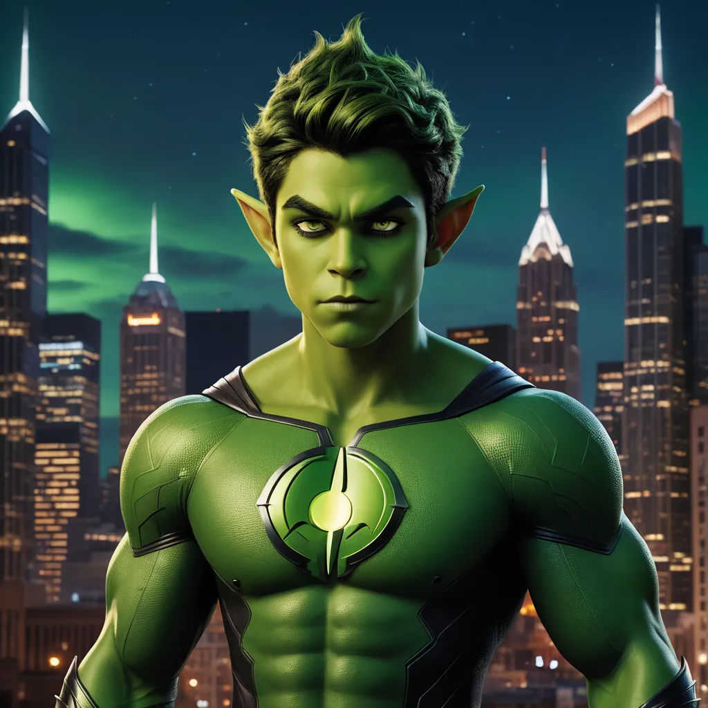 a man in a green suit with a green light on his chest and a city in the background with skyscrapers, photorealism, concept art, Everett Warner, unreal engine 5 quality render