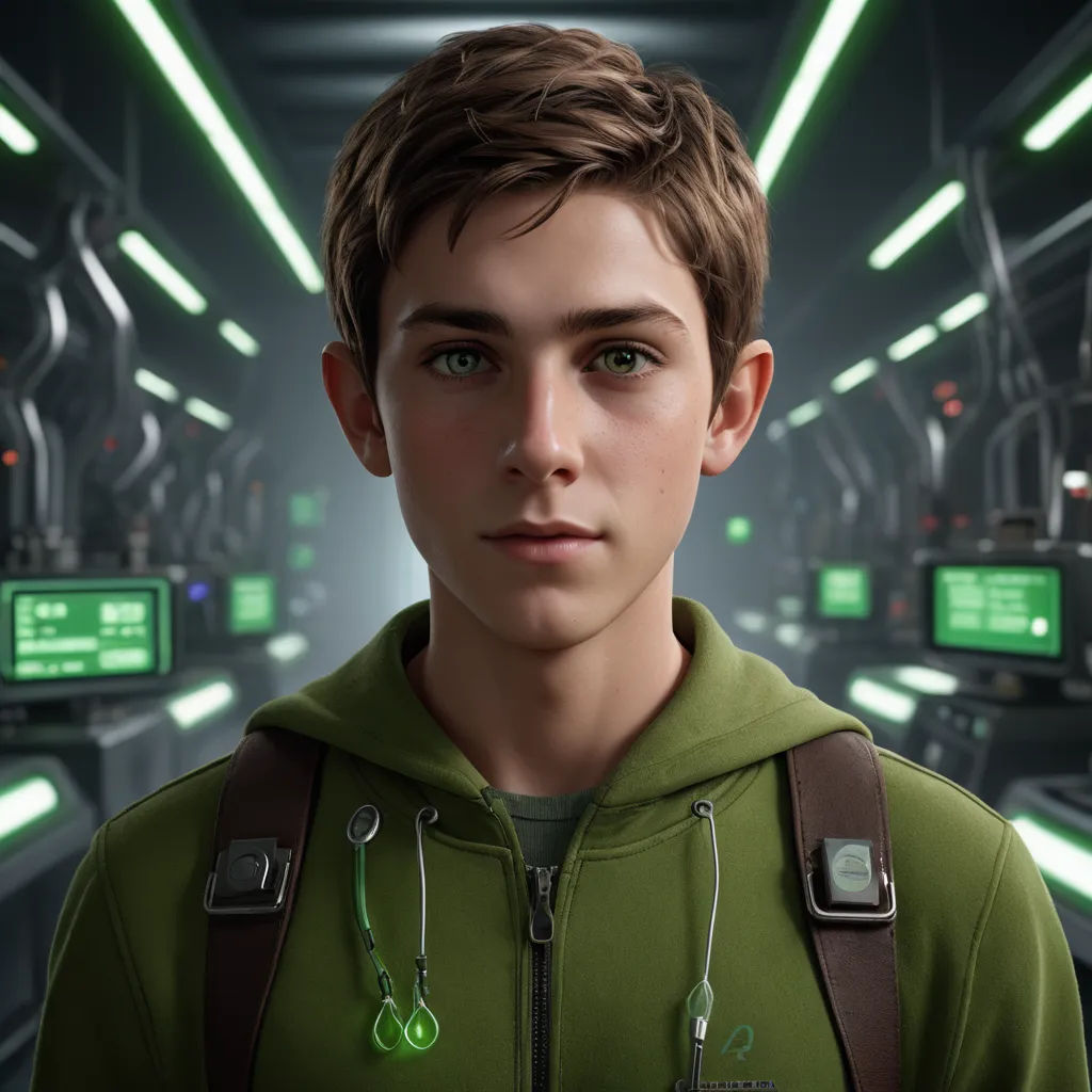 a young man in a green hoodie in a futuristic setting with green lights and green lights on the ceiling, sots art, concept art, Cedric Seaut (Keos Masons), rossdraws global illumination
