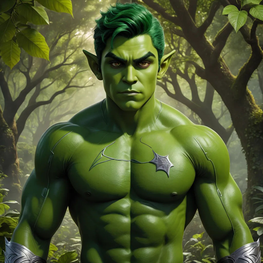 a man with green hair and a green suit in a forest with trees and bushes, with a star on his chest, samikshavad, a character portrait, Eddie Mendoza, arnold render