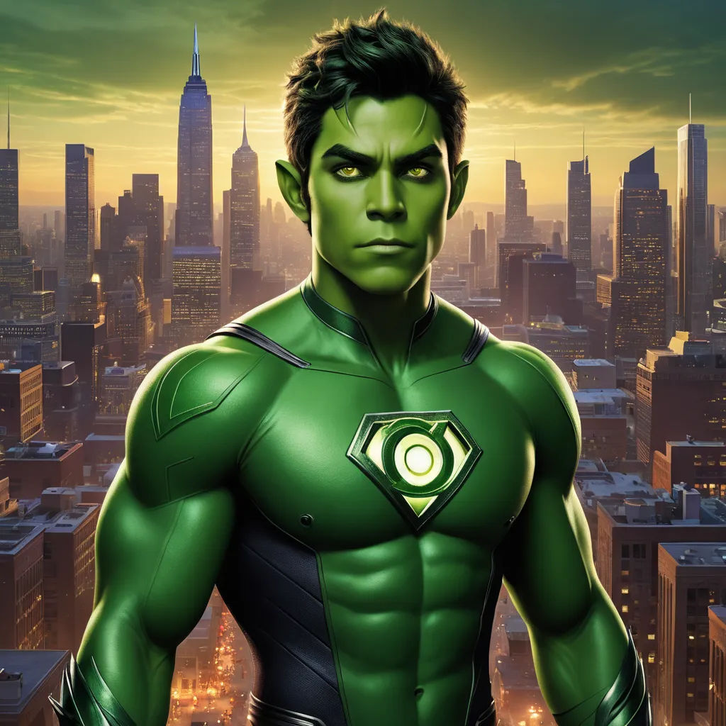 a man in a green suit standing in front of a city skyline with a green lantern on his chest, antipodeans, a character portrait, Eddie Mendoza, green