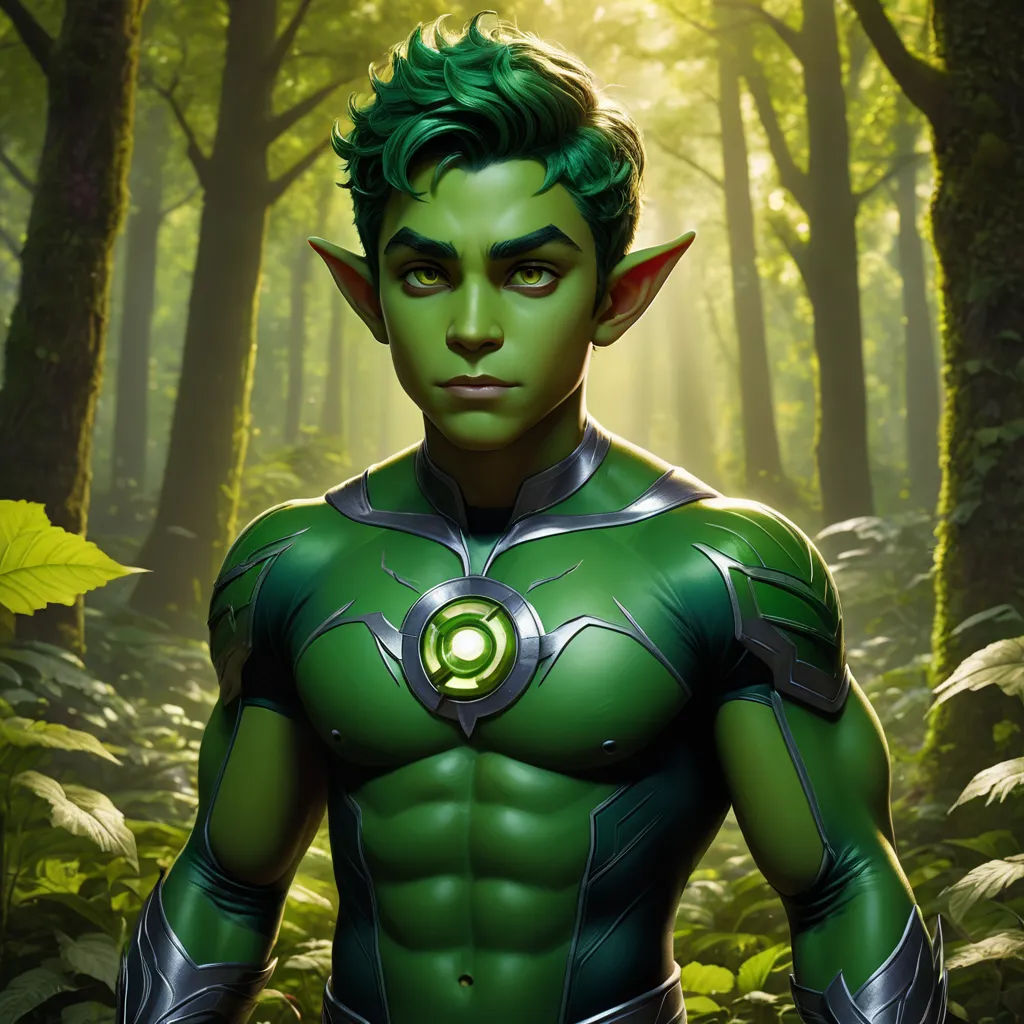 a man in a green suit standing in a forest with trees and leaves around him, with a green light shining on his chest, antipodeans, concept art, Everett Warner, official art