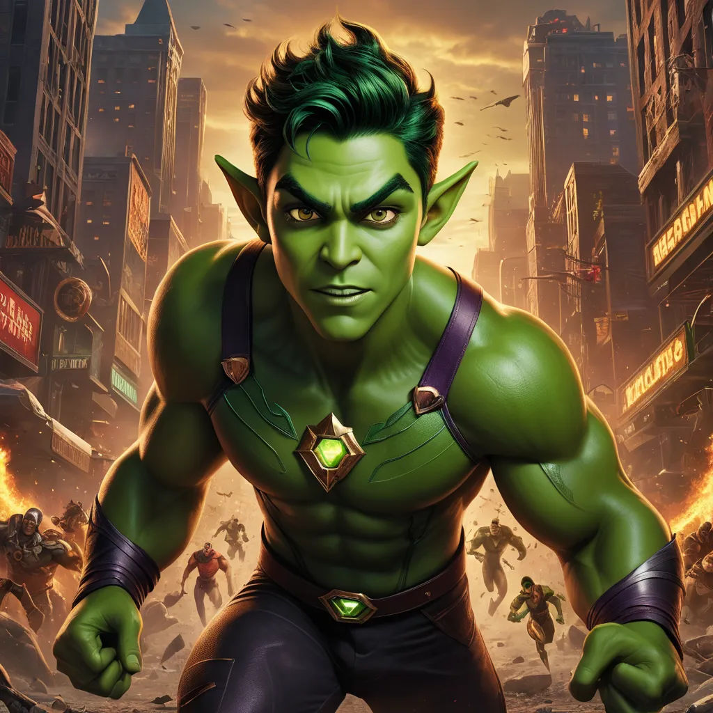 a man in a green suit with a green hair and green eyes in a city scene with a green demon, antipodeans, a comic book panel, Benjamin Marra, key art