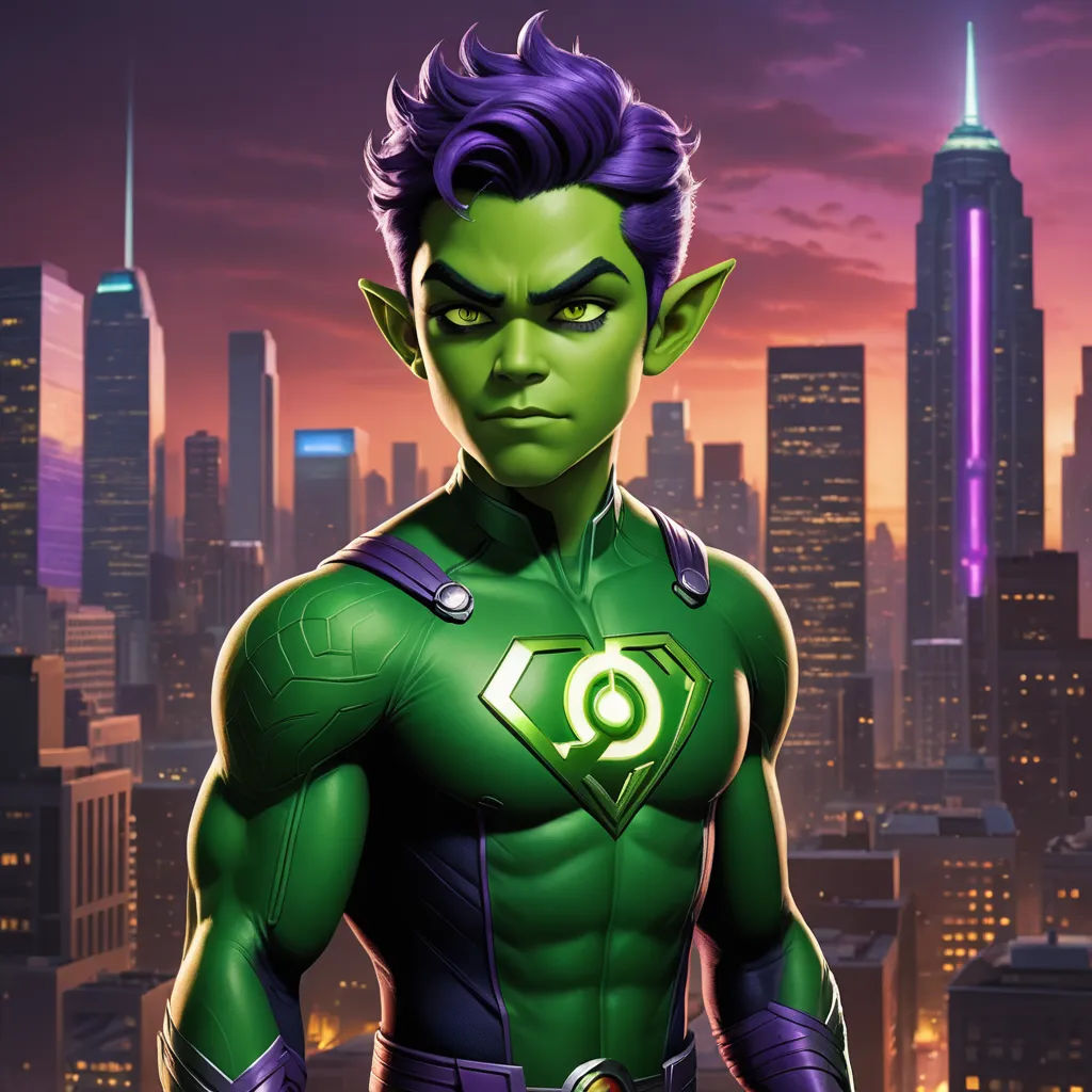 a man in a green suit standing in front of a city skyline with a green lantern on his chest, sots art, concept art, Everett Warner, key art