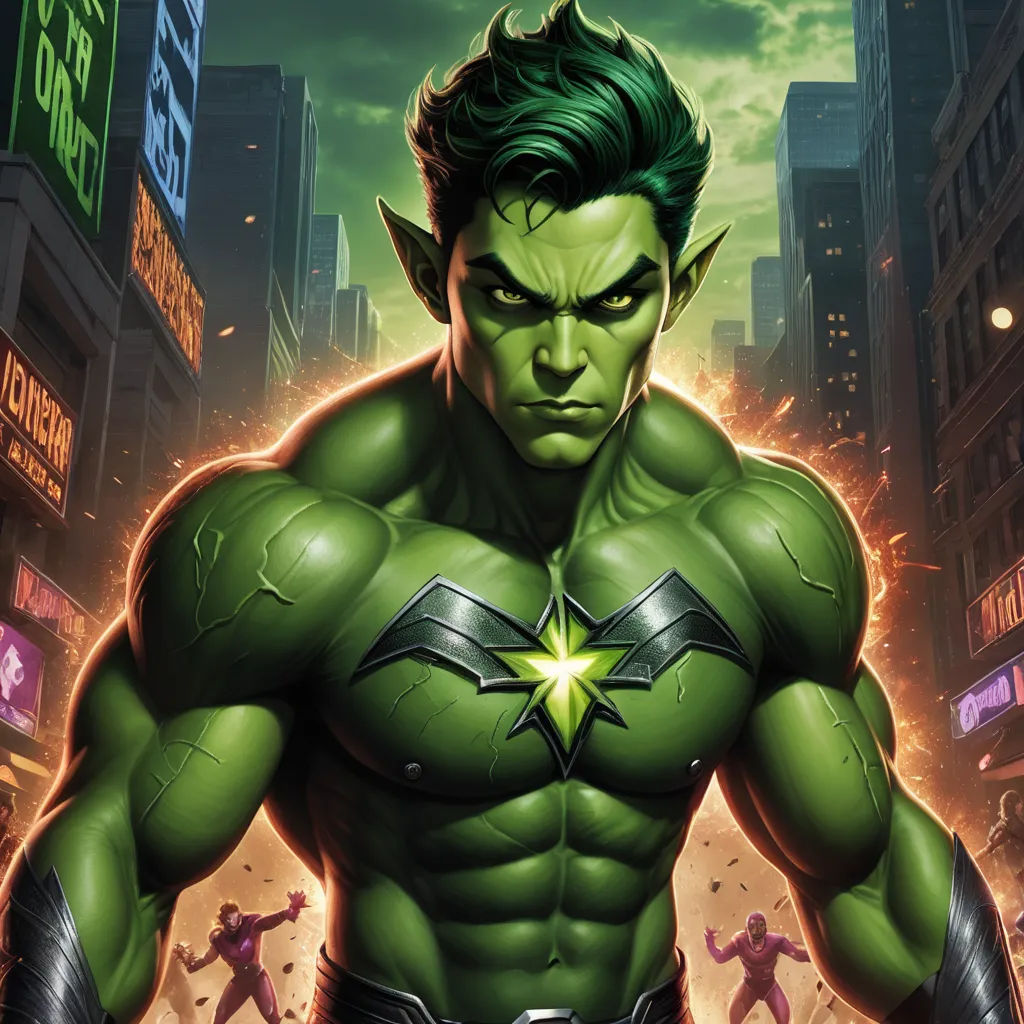 a man in a green suit with a green hair and green eyes standing in a city street with a green light, antipodeans, a comic book panel, Anthony Palumbo, rossdraws global illumination
