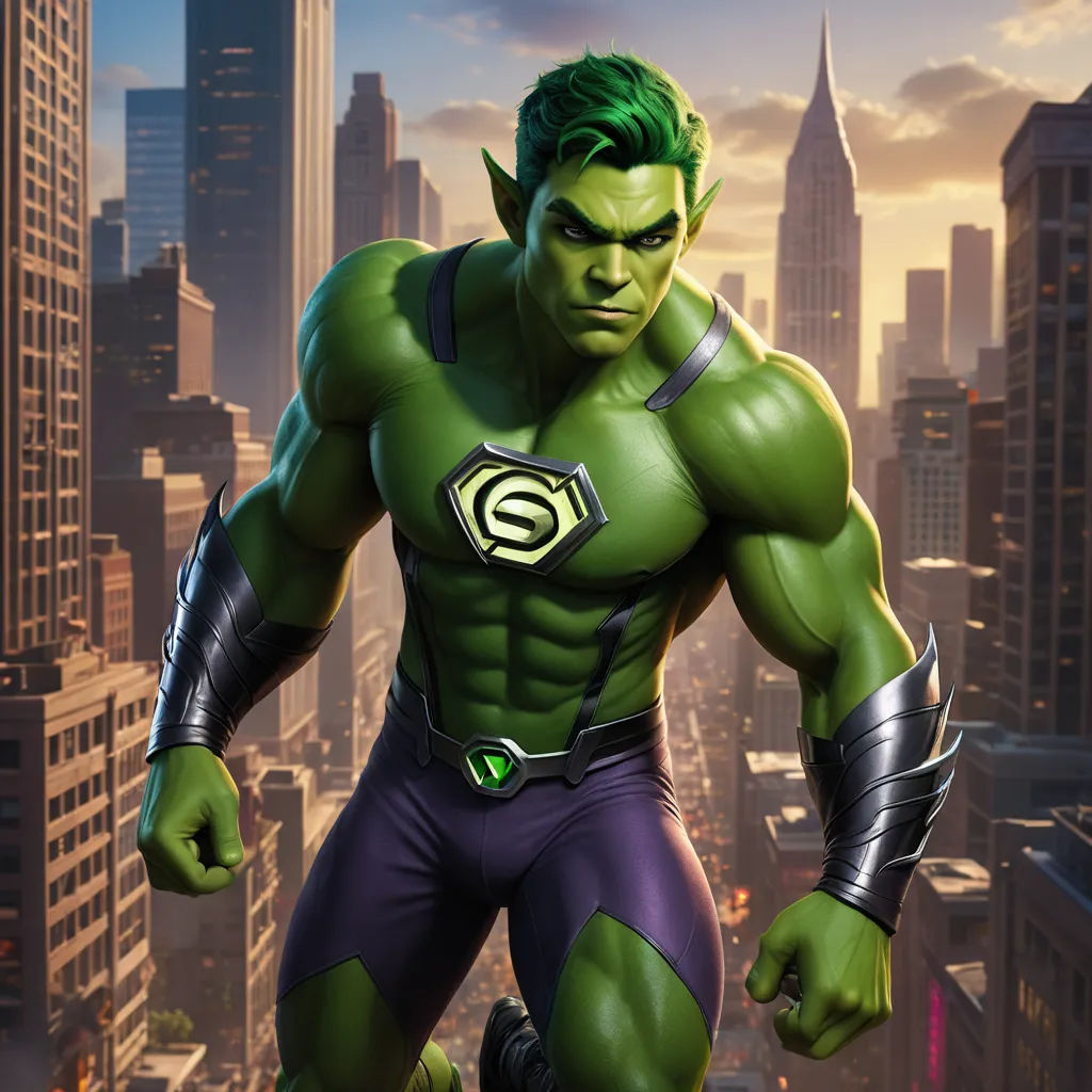 a man in a green and purple suit standing in front of a cityscape with a green and yellow logo, antipodeans, concept art, Altichiero, green