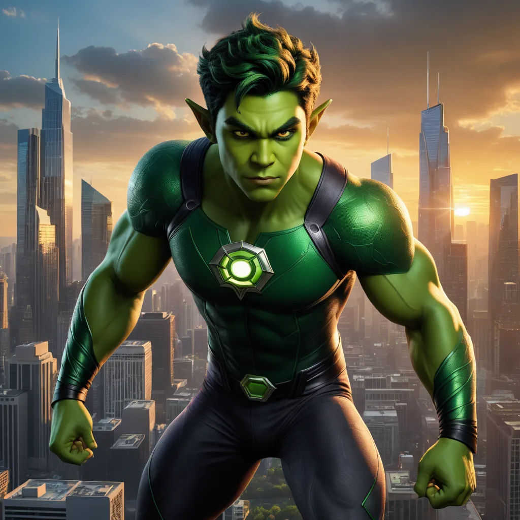 a man in a green suit standing in front of a city skyline with a green light on his chest, antipodeans, concept art, Eddie Mendoza, official art