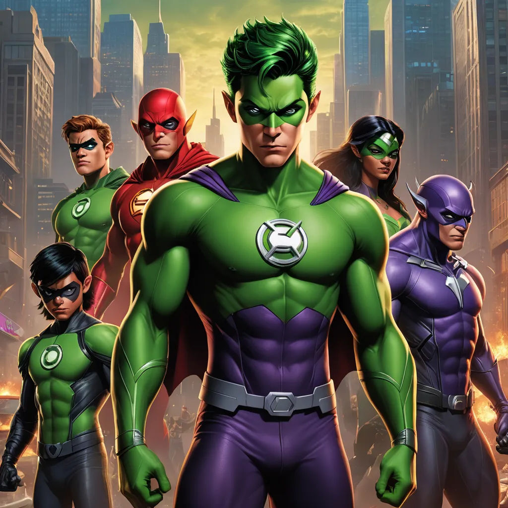 a group of superheros standing in front of a city skyline with a green lantern on their chest and a red lantern on his head, antipodeans, concept art, Artgerm, green