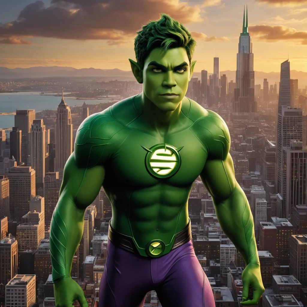 a man in a green suit standing in front of a city skyline with a green light on his chest, superflat, concept art, Eddie Mendoza, green