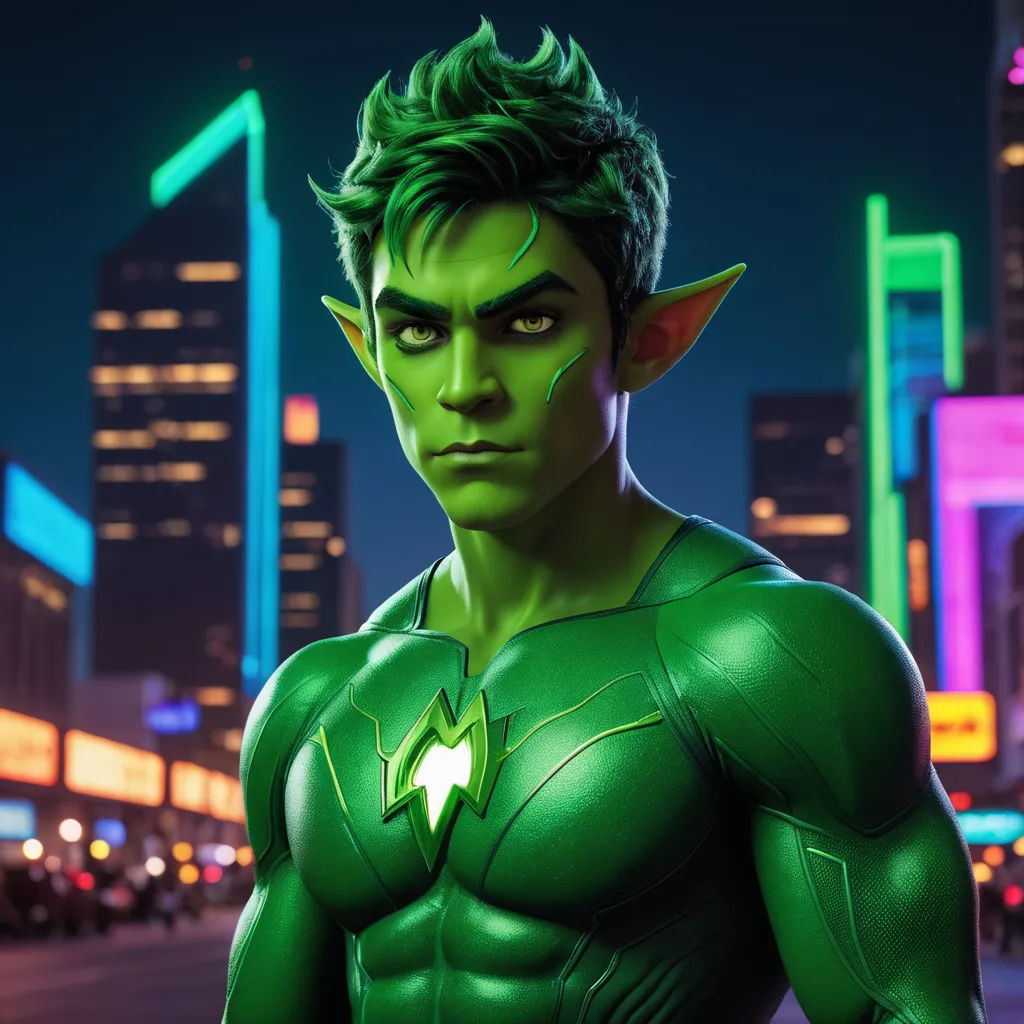 a man in a green suit with a green light on his face and a city in the background with buildings, furry art, concept art, Artgerm, rossdraws global illumination