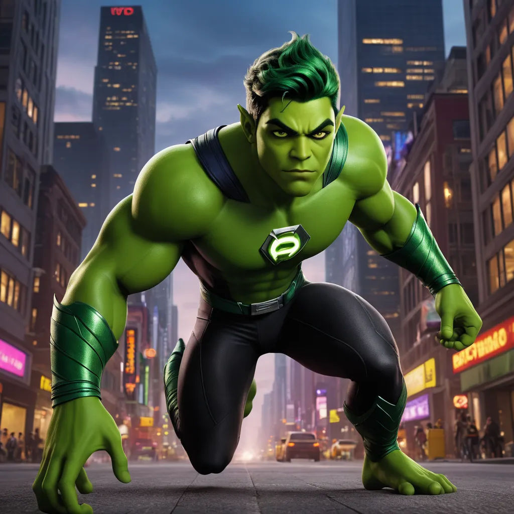a cartoon of a man in a green suit and green hair in a city street at night with skyscrapers, photorealism, a 3D render, Altichiero, promotional image