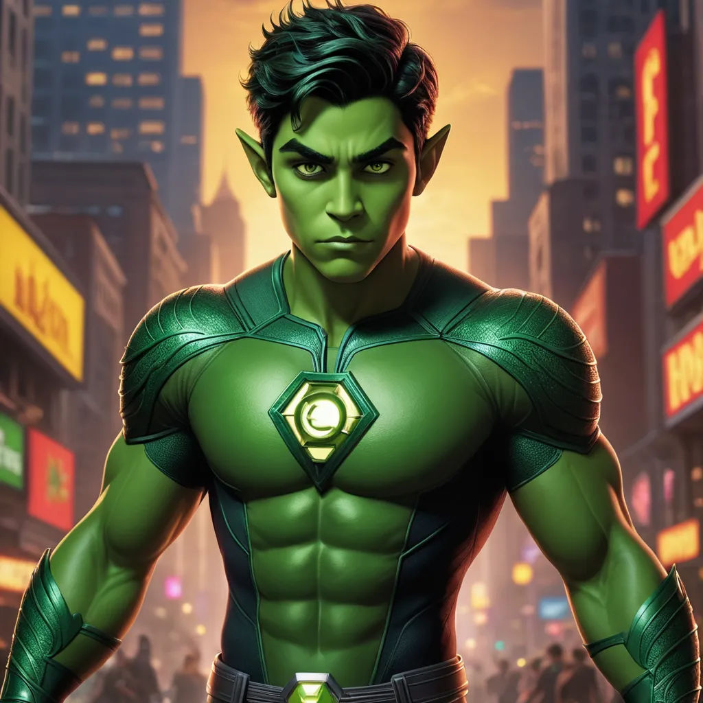 a man in a green suit standing in a city street with a green light on his chest and a green light on his chest, antipodeans, a comic book panel, Eddie Mendoza, official art