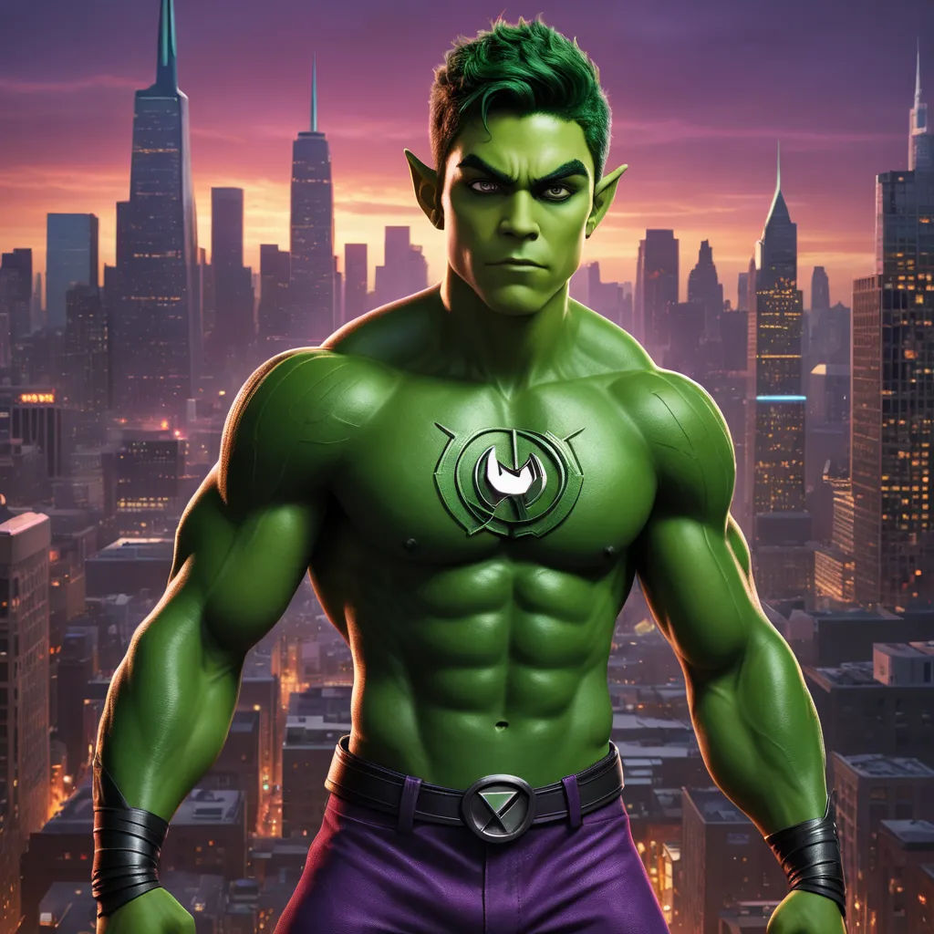 a man in a green suit with a green hair and a green mask on in front of a cityscape, photorealism, concept art, Eddie Mendoza, green