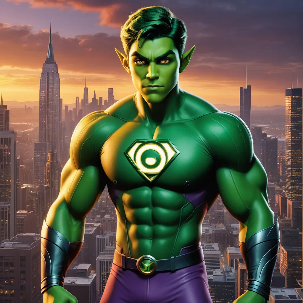 a man in a green and yellow costume standing in front of a cityscape with a green lantern on his chest, antipodeans, concept art, Eddie Mendoza, green