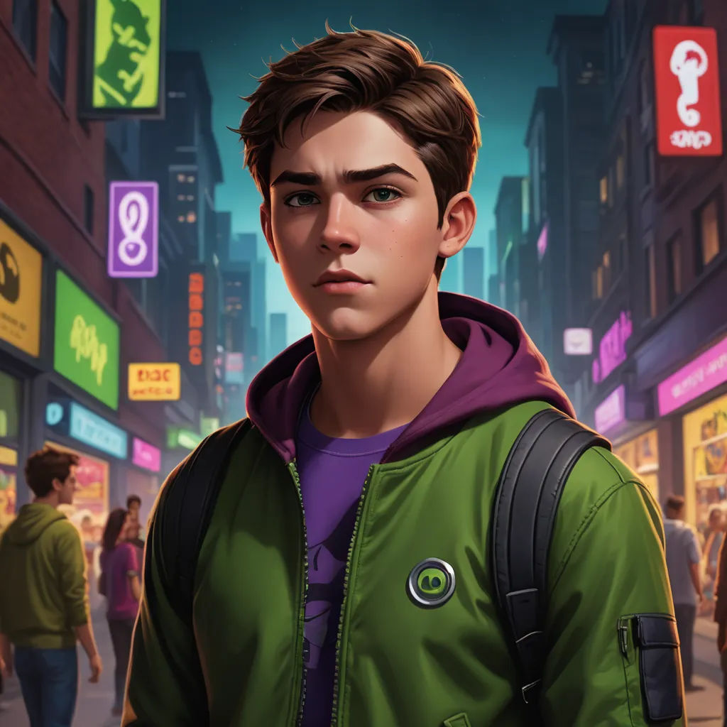 a man in a green jacket standing in front of a city street with people walking around him and a neon sign above him, sots art, a character portrait, David Park, rossdraws global illumination