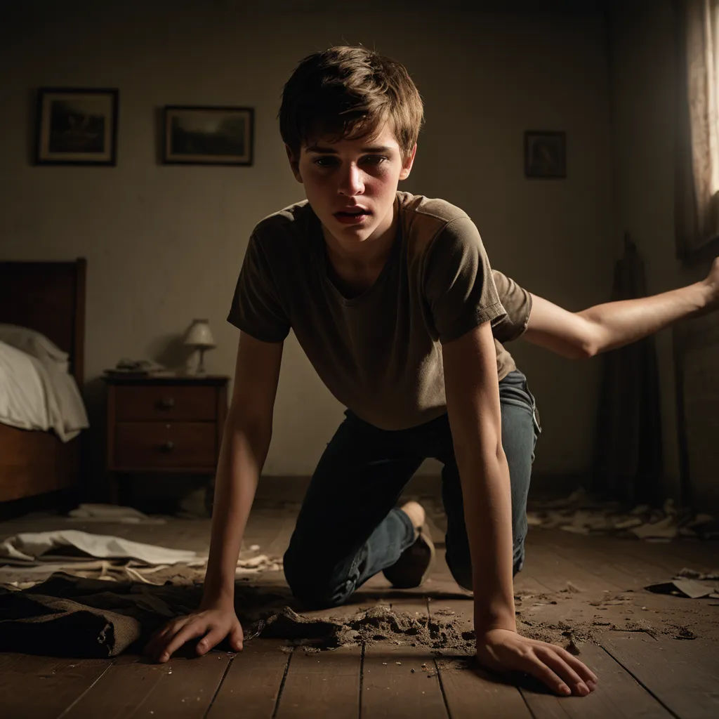 a young man kneeling on the floor in a room with a bed and a window in it, with a messy floor, stuckism, poster art, Daniel Lieske, promotional image