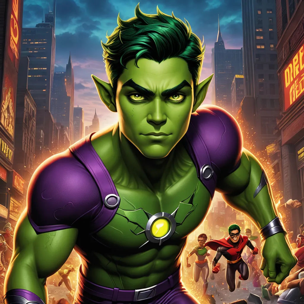 a cartoon of a man in a green suit and purple shirt with a green light on his chest and a yellow light on his chest, sots art, concept art, Eddie Mendoza, key art