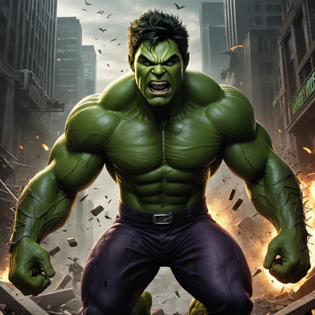a man in a green suit and a hulk face with a city background behind him and a bunch of fire, plasticien, a digital rendering, Americo Makk, green