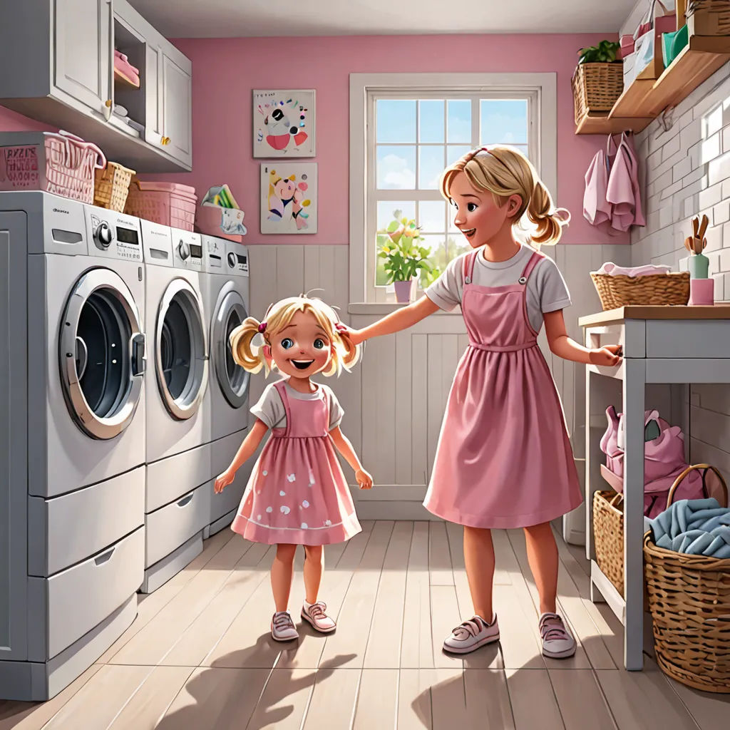 a painting of two girls in a pink kitchen holding hands and washing clothes in a washer and dryer, american scene painting, a storybook illustration, Chris LaBrooy, highly detailed digital painting