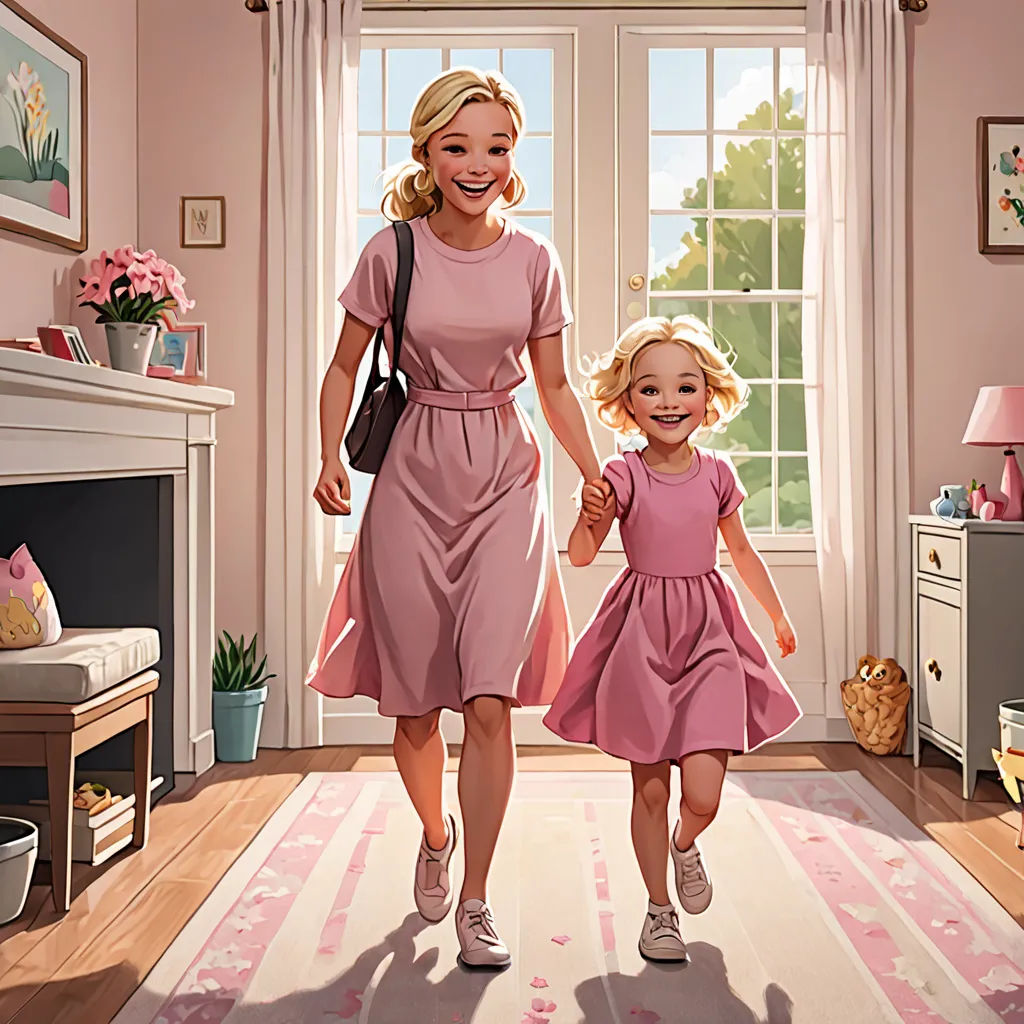 a painting of a mother and daughter walking through a living room together holding hands and smiling at the camera, american scene painting, a storybook illustration, F Scott Hess, official art
