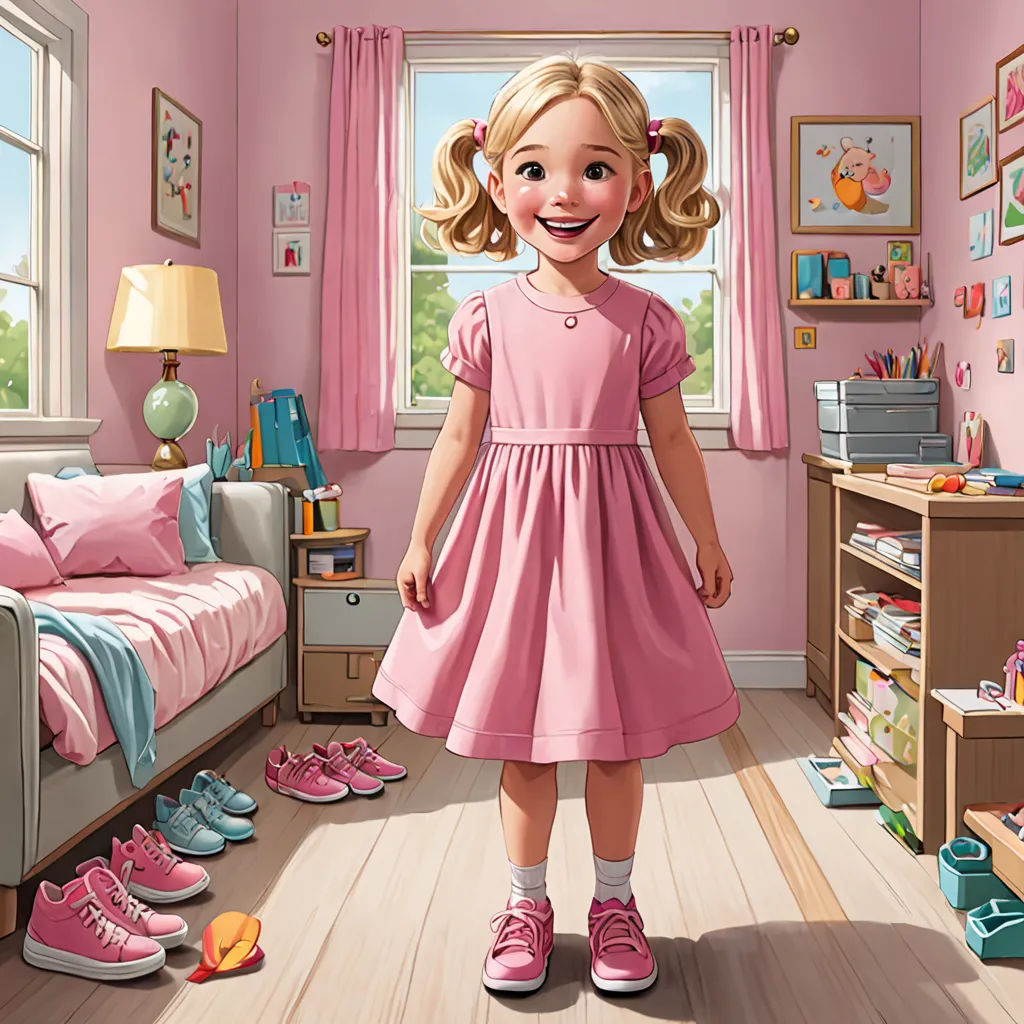 a girl in a pink dress standing in a pink room with pink shoes on the floor and a pink wall, photorealism, a digital rendering, Caroline Lucy Scott, animated