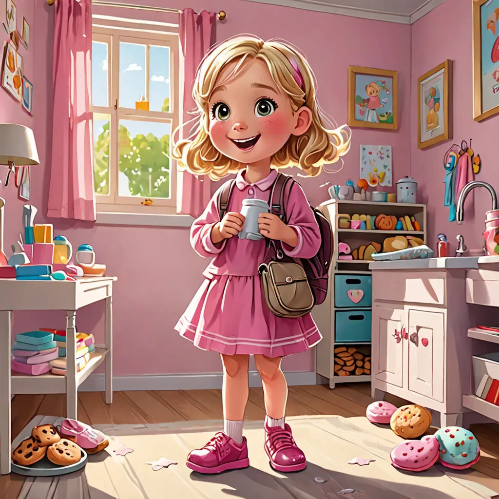a little girl standing in a pink room with a bag and a purse on her shoulder and a bunch of cookies on the floor, american scene painting, a storybook illustration, Chris LaBrooy, high detail illustration