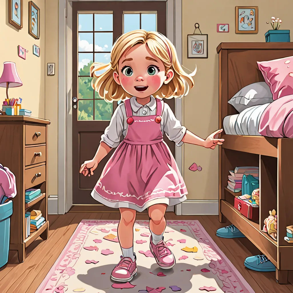 a cartoon girl in a pink dress standing in a bedroom with a pink rug and a pink rug on the floor, photorealism, a storybook illustration, Claire Falkenstein, storybook illustration