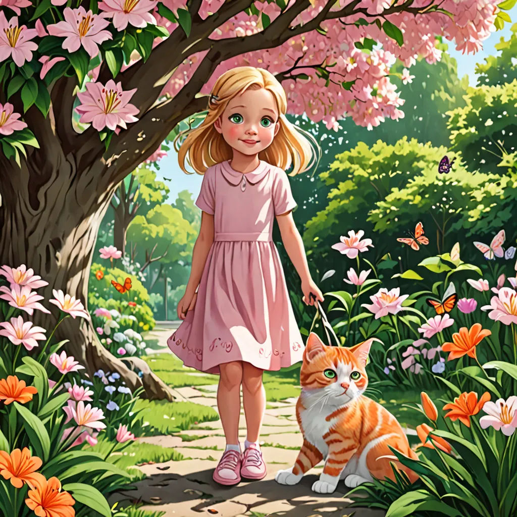 a little girl in a pink dress is holding a basket and a cat is standing in a garden with pink flowers, naive art, a storybook illustration, Alice Prin, storybook illustration