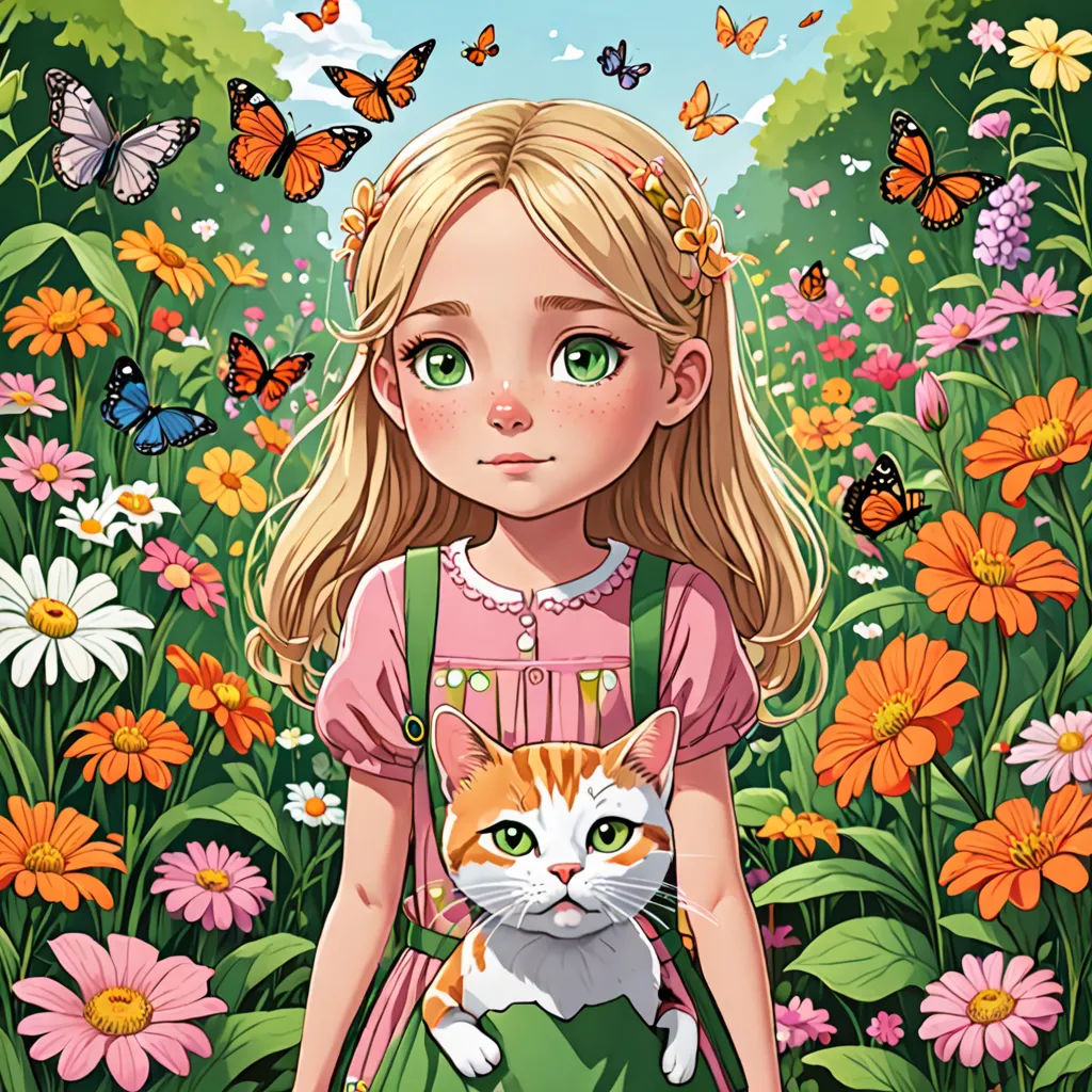 a girl with a cat in a field of flowers and butterflies with butterflies flying above her head and a butterfly in her hand, fantasy art, a storybook illustration, Anne Said, comic cover art