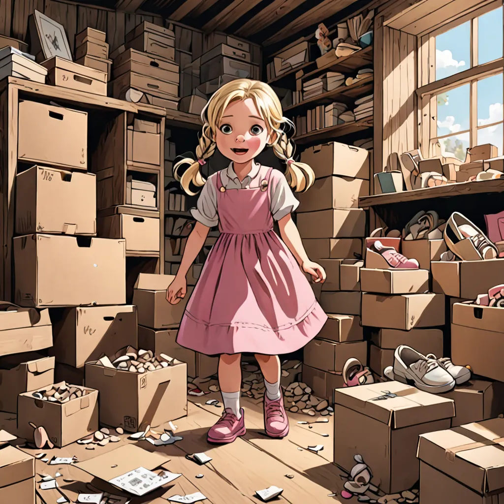 a little girl standing in a room full of boxes and boxes with a surprised look on her face and a surprised expression on her face, remodernism, a storybook illustration, Cliff Childs, rossdraws global illumination
