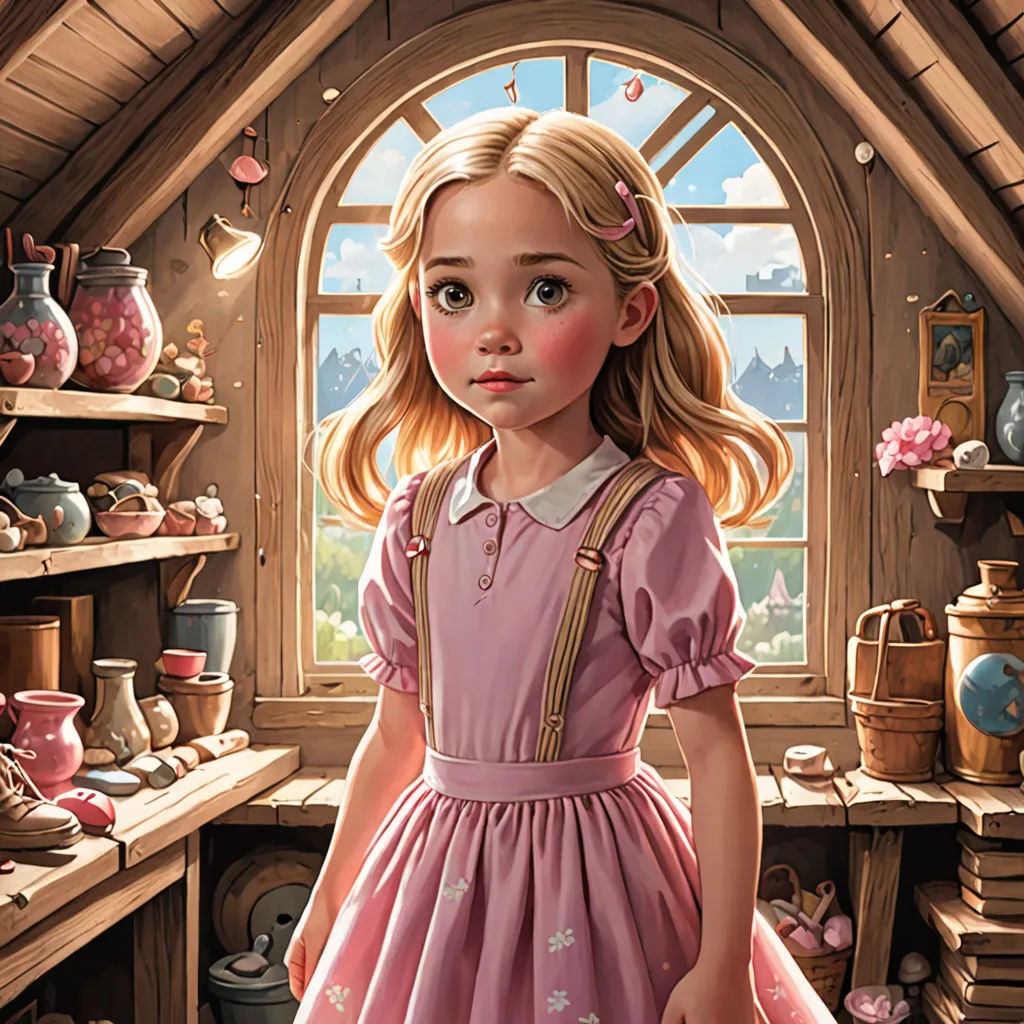 a painting of a little girl in a pink dress standing in a room with a window and shelves full of pottery, fantasy art, a storybook illustration, Bob Byerley, storybook illustration