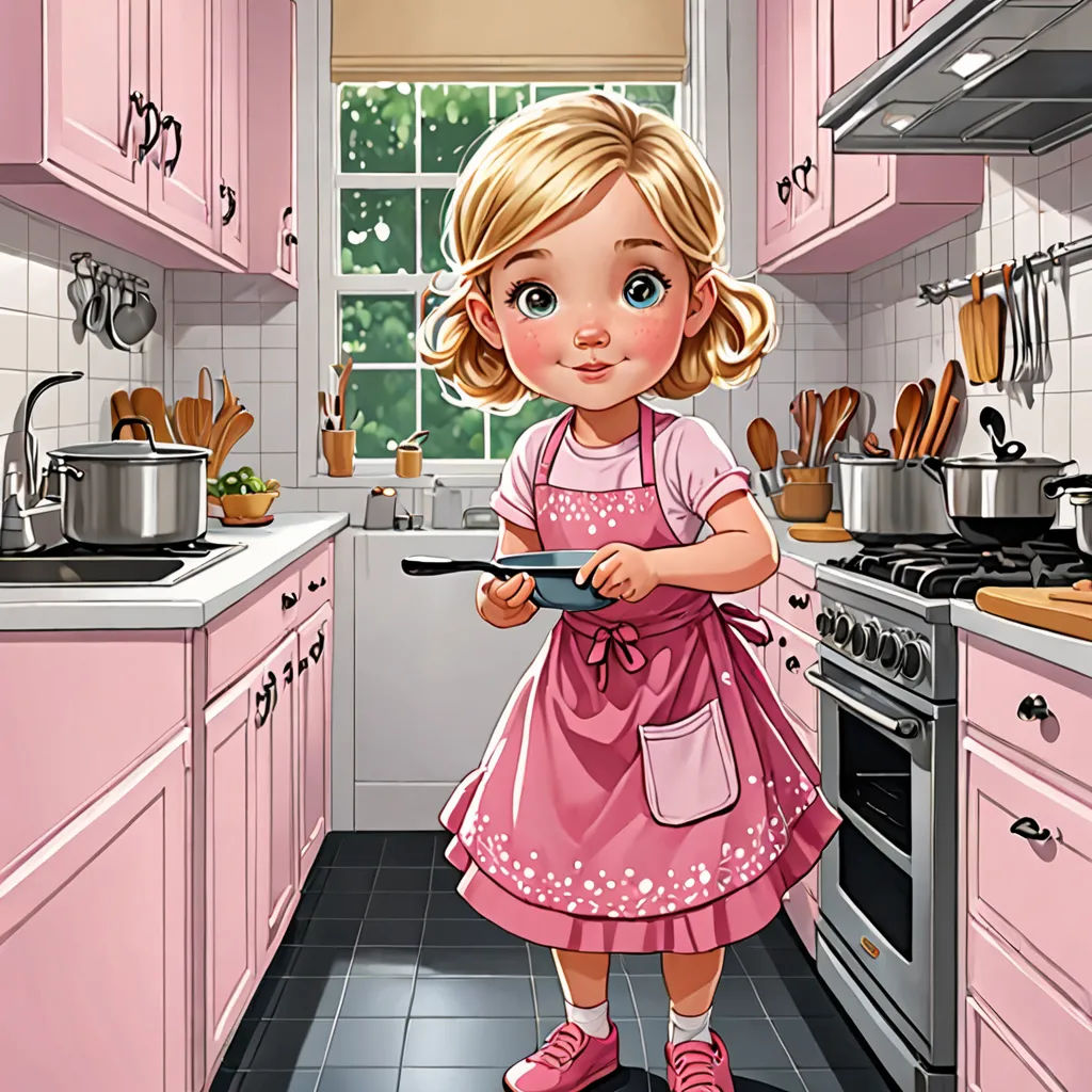 a little girl in a pink dress is holding a pan in a kitchen with pink cabinets and pink walls, american scene painting, a storybook illustration, Caroline Lucy Scott, high detail illustration