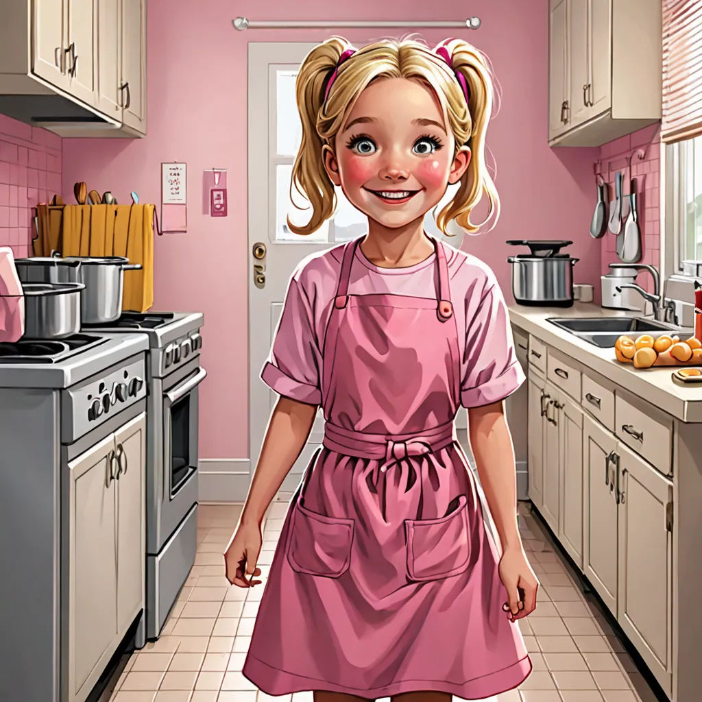 a cartoon girl in a pink dress standing in a kitchen with a pink wall and pink cabinets and a pink wall, hyperrealism, a storybook illustration, Bob Byerley, cgstudio