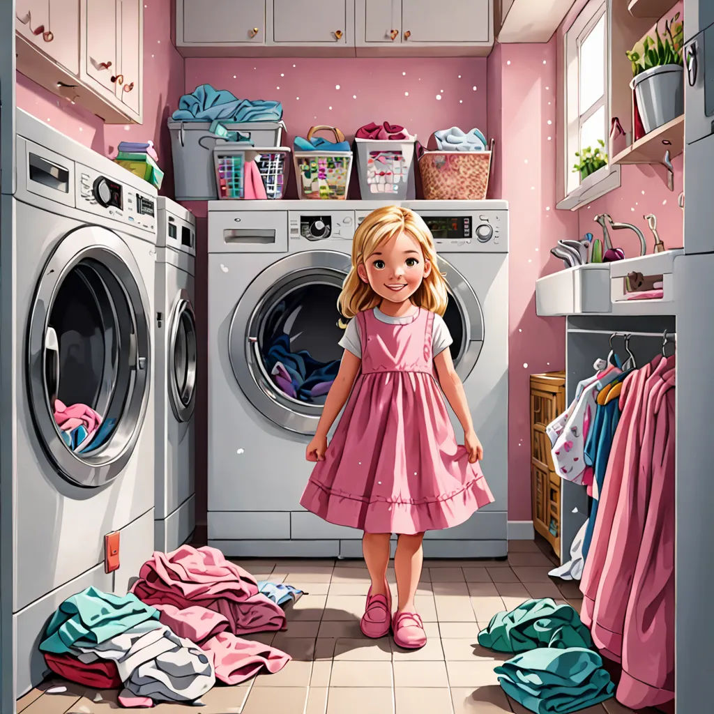 a girl standing in a laundry room next to a washing machine and a dryer with clothes on it, photorealism, a storybook illustration, Chris LaBrooy, highly detailed digital painting