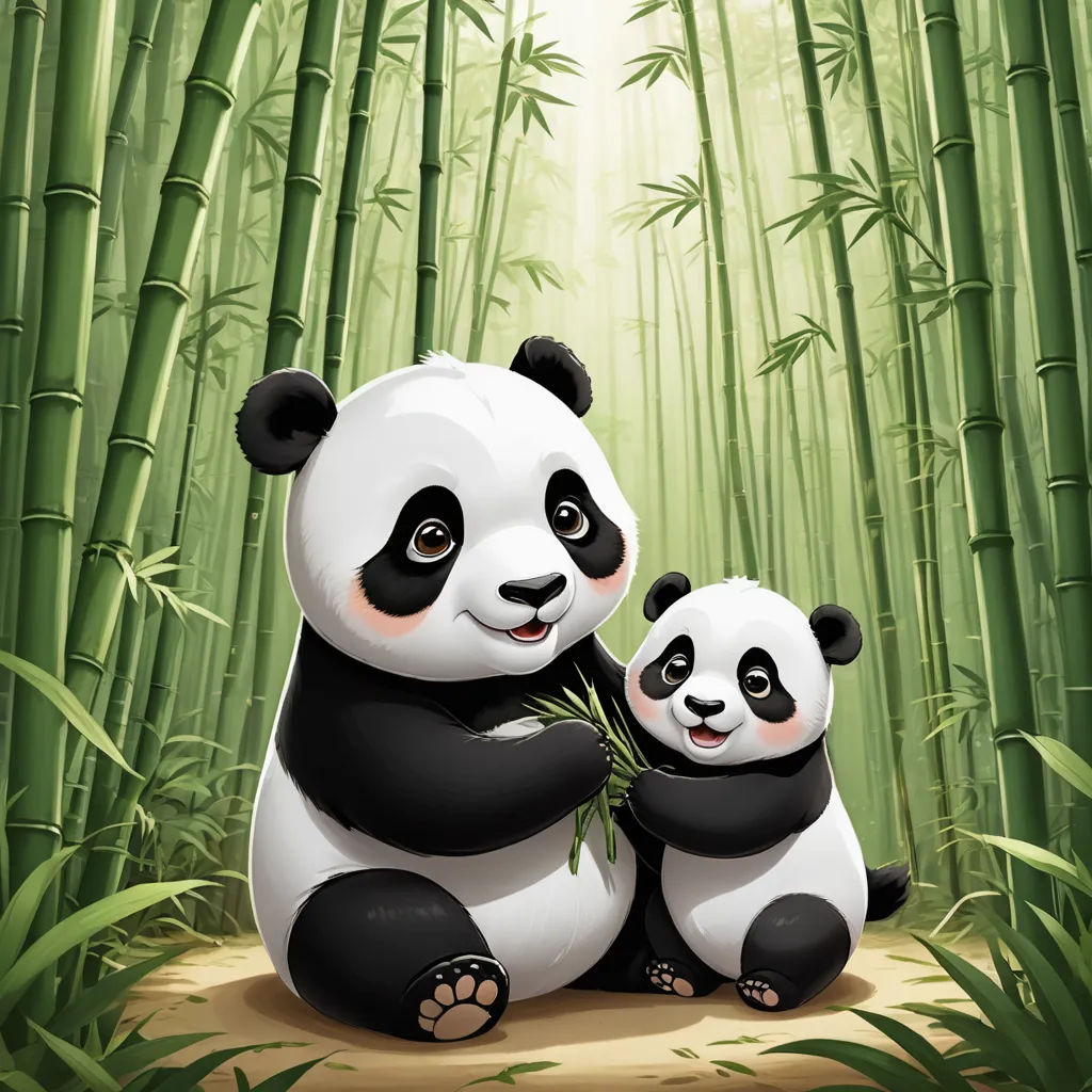 a panda bear and her cub are sitting in the bamboo forest eating bamboo leaves and smiling at the camera, naive art, a storybook illustration, Andrew Law, cute and funny