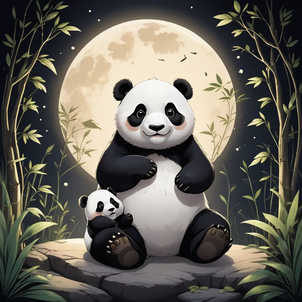 a panda bear sitting on a rock with a full moon in the background and bamboo trees around it, with a full moon in the background, fantasy art, a storybook illustration, Fan Qi, trending on art station